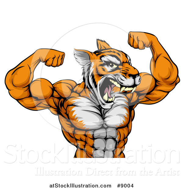 Vector Illustration of a Roaring Tough Tiger Man Flexing His Big Muscles