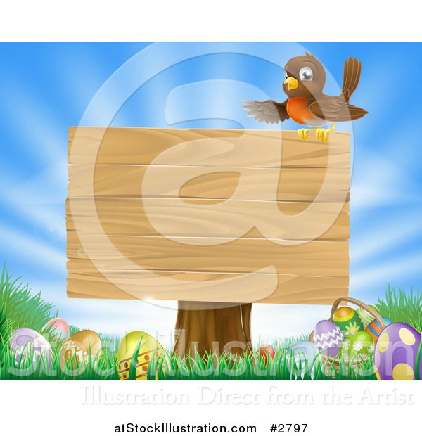 Vector Illustration of a Robin Perched on a Blank Wood Sign over Easter Eggs in Grass over a Sunny Sky