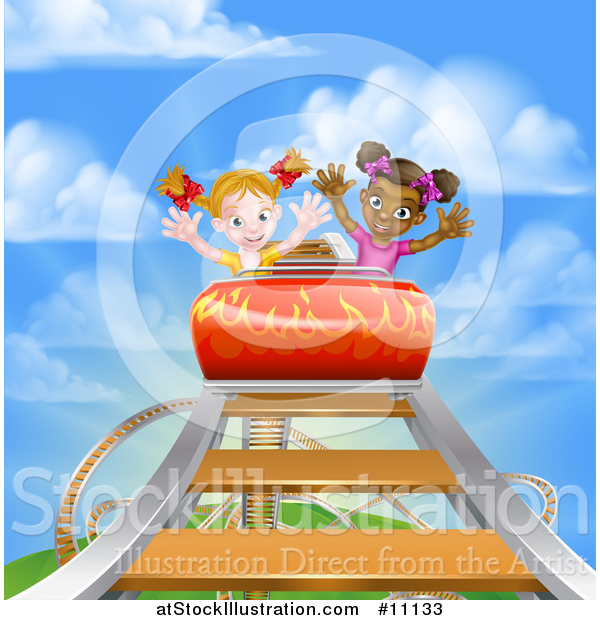 Vector Illustration of a Roller Coaster Ride, Against a Blue Sky with Clouds