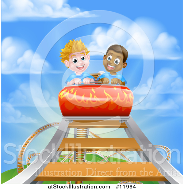 Vector Illustration of a Roller Coaster Ride, Against a Blue Sky with Clouds
