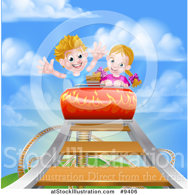 Vector Illustration of a Roller Coaster Ride, Against a Blue Sky with Clouds