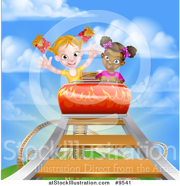 Vector Illustration of a Roller Coaster Ride, Against a Blue Sky with Clouds