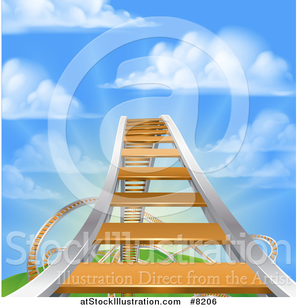 Vector Illustration of a Roller Coaster Track Leading up to the High Point, Against a Blue Sky with Puffy Clouds and Sun Rays