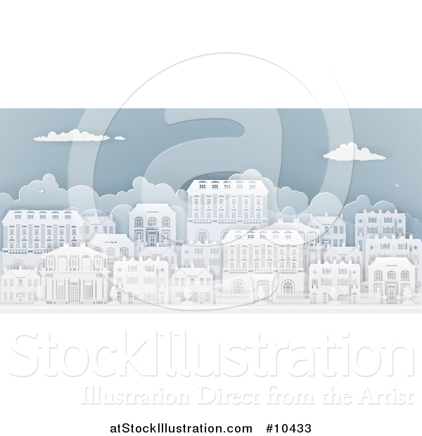 Vector Illustration of a Row of Paper Cut Styled Georgian or Victorian Houses in a Neighborhood, on Blue
