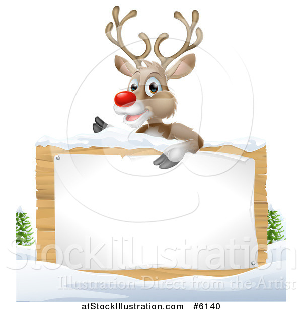Vector Illustration of a Rudolph Red Nosed Reindeer over a Wood Sign in the Snow on White