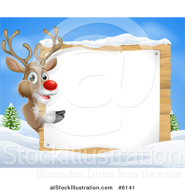 Vector Illustration of a Rudolph Red Nosed Reindeer Pointing Around a Wood Sign in the Snow Against Blue Sky