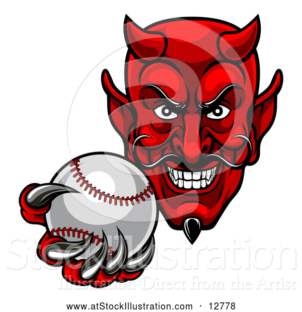 Vector Illustration of a Ruthless Baseball Devil Player Mascot Grinning While Gripping the Ball