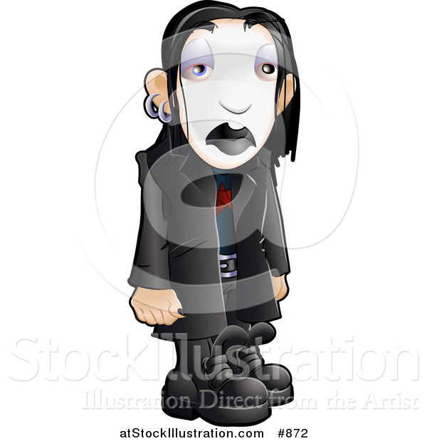 Vector Illustration of a Sad Trendy Teenage Gothic Boy with Black Hair, Earrings, White Face Makeup and Black Lipstick, Wearing Black Leather Clothes