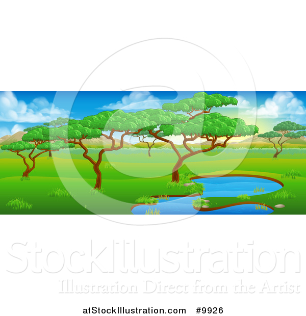 Vector Illustration of a Safari Landscape with a Pond, Trees and Mountains