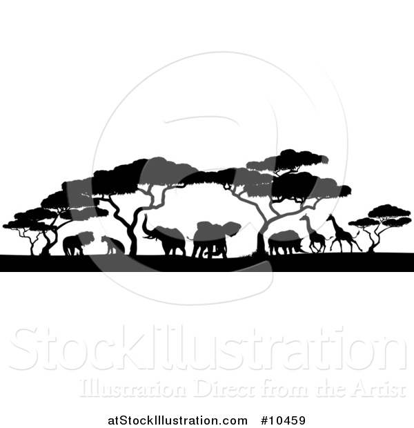 Vector Illustration of a Safari Scene of Black Silhouetted African Animals, Giraffes, Rhinos, Elephants and Lions, Under Acacia Trees
