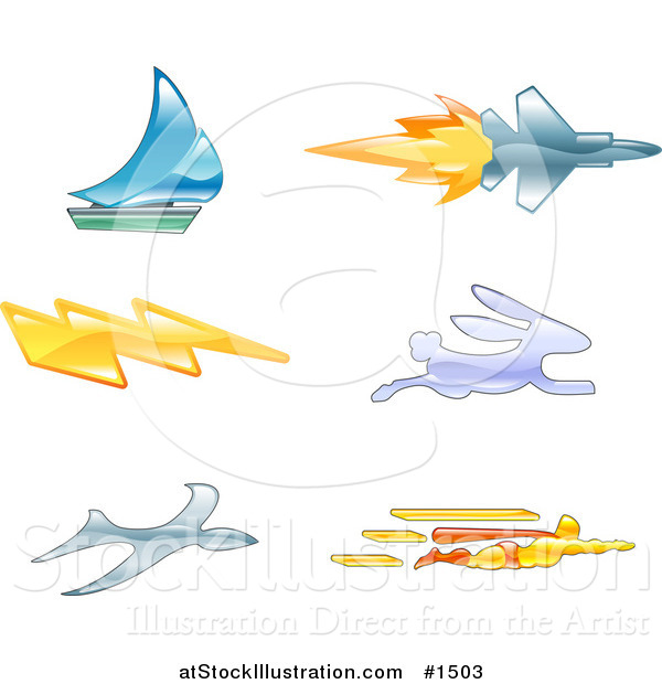 Vector Illustration of a Sailboat, Jet, Lightning Bolt, Rabbit, Bird and Super Hero