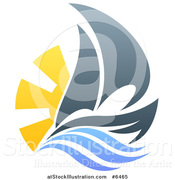 Vector Illustration of a Sailing Boat with the Sun and Ocean Waves