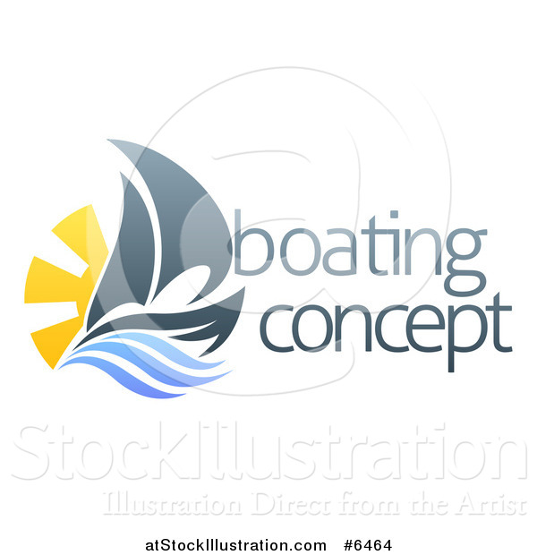 Vector Illustration of a Sailing Boat with the Sun and Ocean Waves by Sample Text