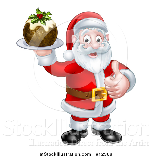 Vector Illustration of a Santa Claus Giving a Thumb up and Holding a Christmas Pudding