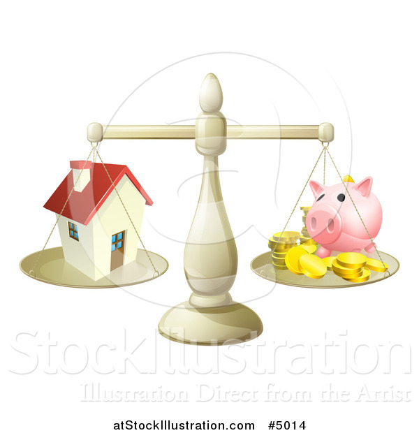 Vector Illustration of a Scale Comparing a House and Piggy Bank