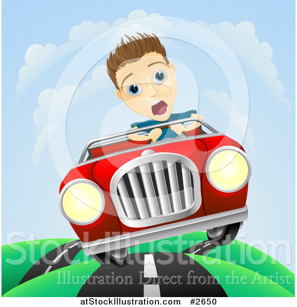 Vector Illustration of a Scared Man Losing Control of His Vintage Sports Car