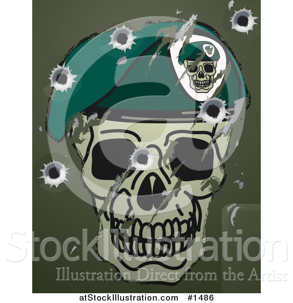 Vector Illustration of a Scratches, Scuffs and Bullet Holes on a Metal Surface with a Skull and Beret Military Motif