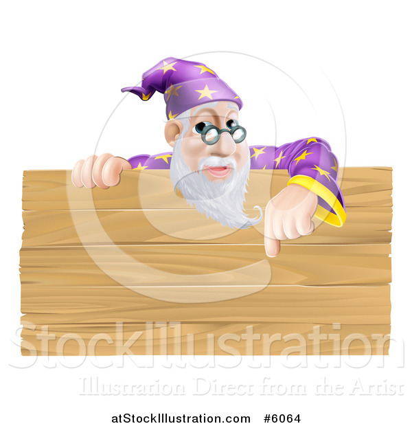 Vector Illustration of a Senior Male Wizard Pointing down at a Wooden Sign