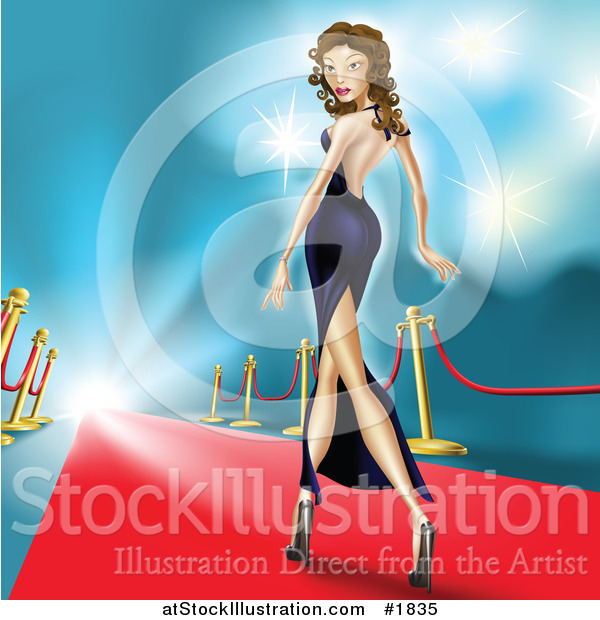 Vector Illustration of a Sexy Female Celebrity in a Gown, Walking down the Red Carpet with Flashes of Camera Lights