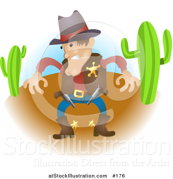 Vector Illustration of a Sheriff Cowboy in Western Wear in a Desert, Preparing to Draw His Guns