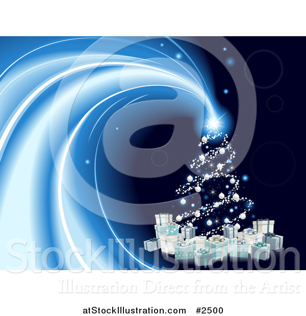 Vector Illustration of a Shining Christmas Tree Star with Gifts on Blue