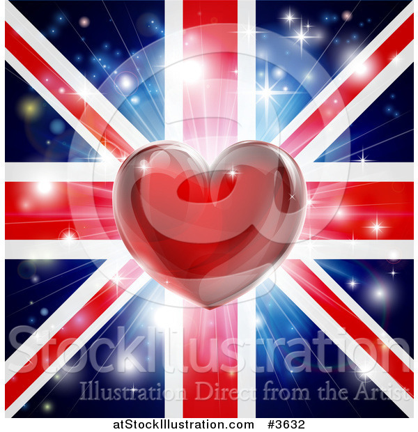 Vector Illustration of a Shiny Heart over a Union Jack with Fireworks