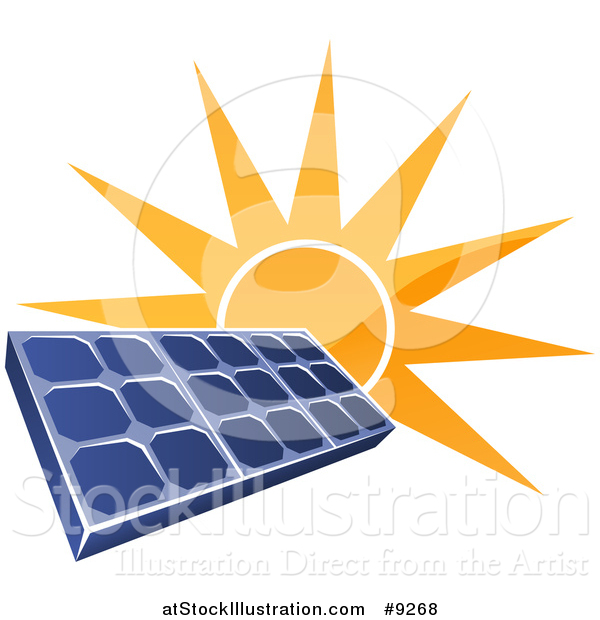 Vector Illustration of a Shiny Orange Sun Shining Behind a Blue Solar Panel Photovoltaics Cell
