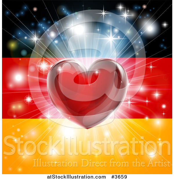 Vector Illustration of a Shiny Red Heart and Fireworks over a German Flag