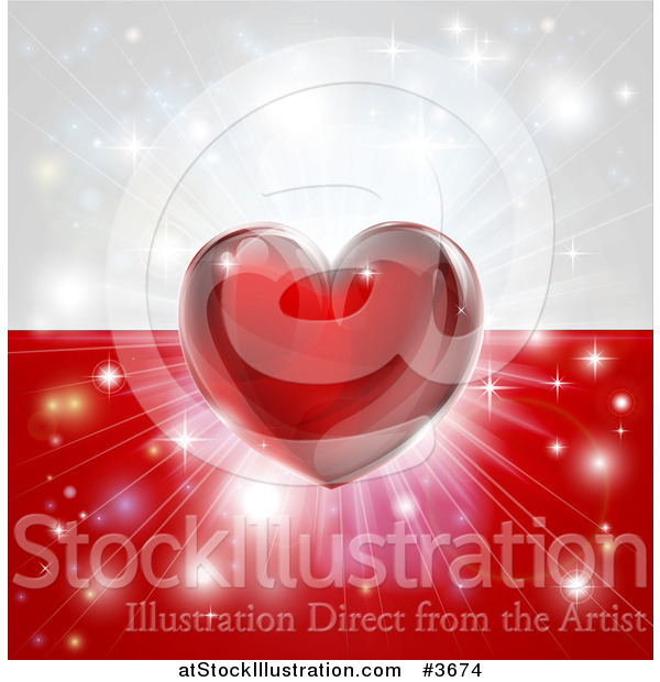 Vector Illustration of a Shiny Red Heart and Fireworks over a Poland Flag