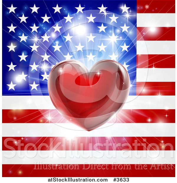 Vector Illustration of a Shiny Red Heart and Fireworks over an American Flag