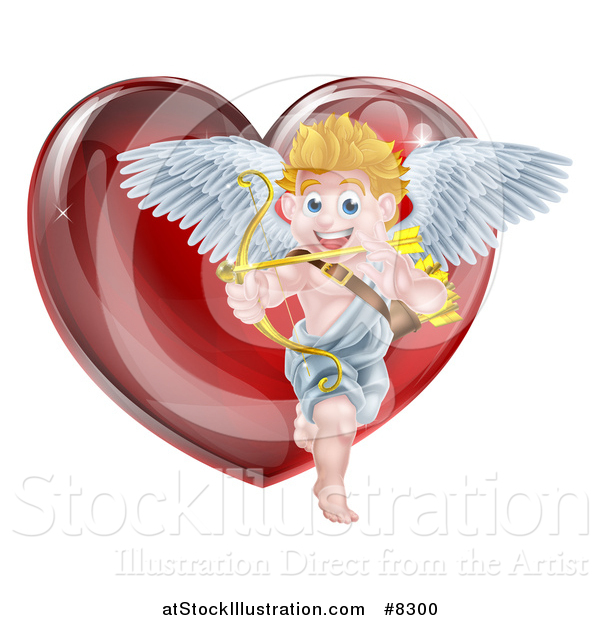 Vector Illustration of a Shiny Red Heart and Valentines Day Cupid Aiming an Arrow