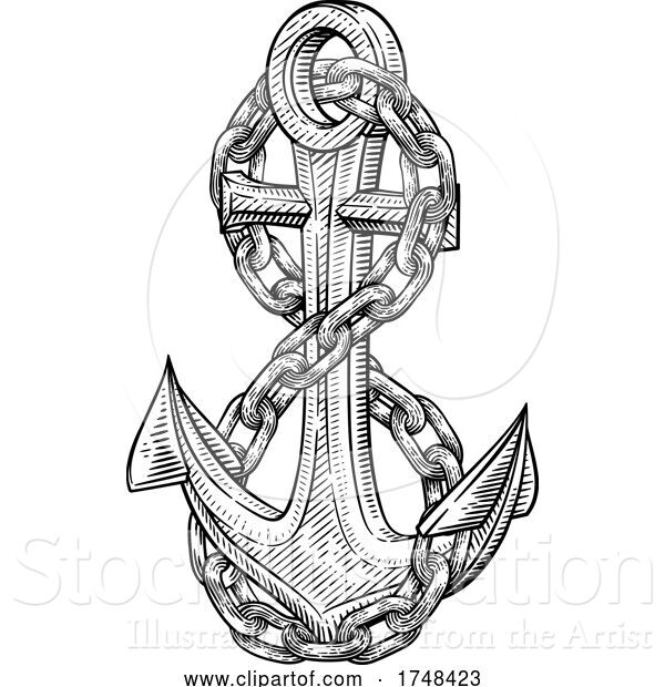 Vector Illustration of a Ship Anchor and Chain Nautical Woodcut Drawing