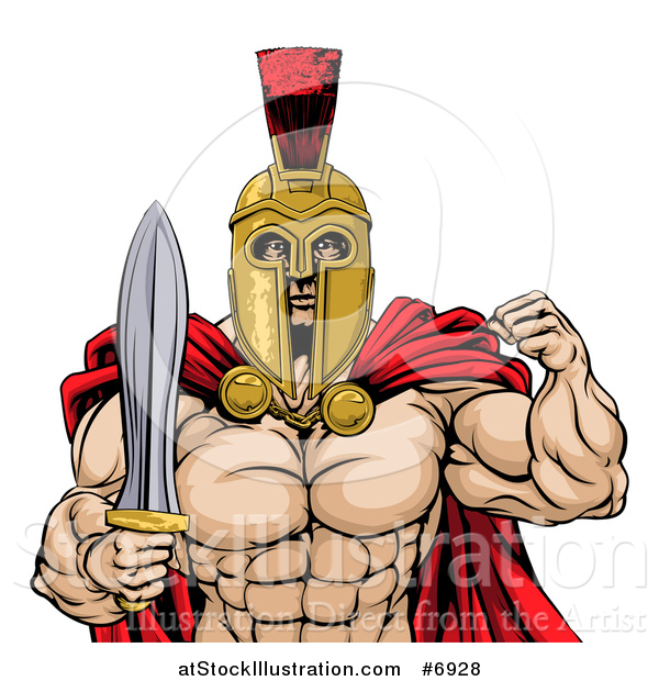 Vector Illustration of a Shirtless Muscular Gladiator Gladiator Man in a Helmet, Flexing His Bicep and Holding a Sword, from the Waist up