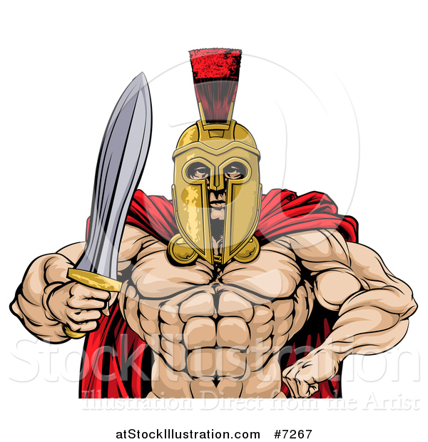 Vector Illustration of a Shirtless Muscular Gladiator Gladiator Man in a Helmet, Holding out a Sword, from the Waist up