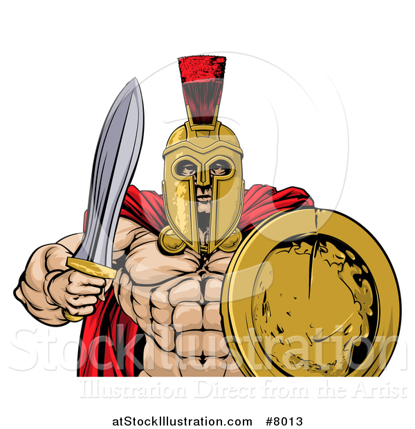 Vector Illustration of a Shirtless Muscular Gladiator Man in a Helmet, Holding a Sword and Shield, from the Waist up
