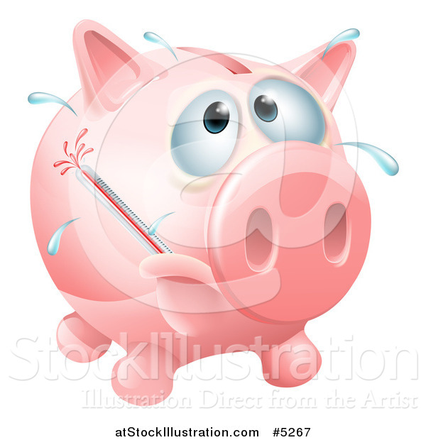 Vector Illustration of a Sick Piggy Bank with a Fever and Bursting Thermometer