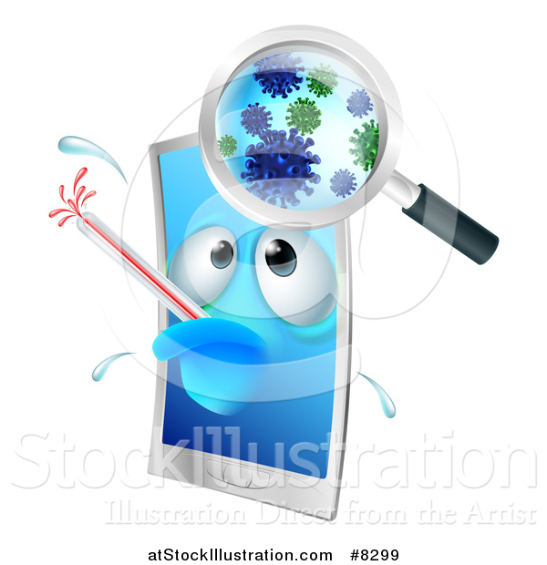 Vector Illustration of a Sick Smart Phone Character with a Virus