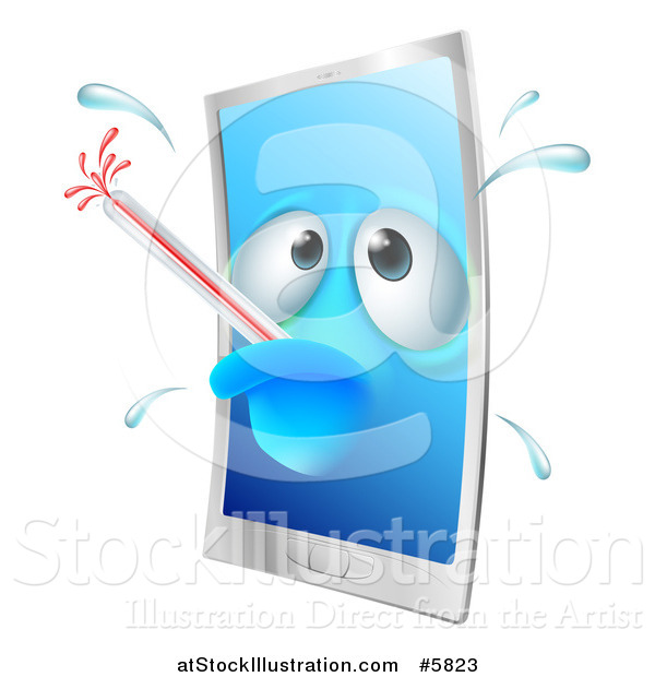 Vector Illustration of a Sick Smartphone with a Fever and Bursting Thermometer