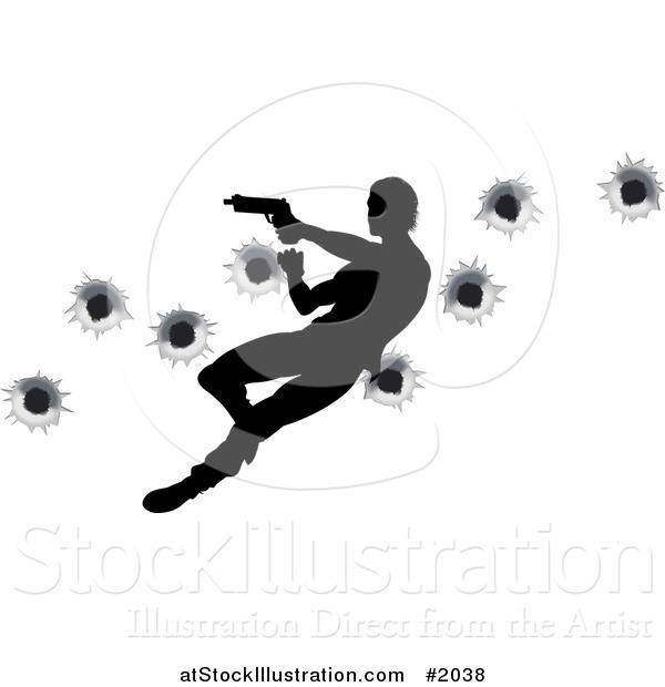 Vector Illustration of a Silhouetted Action Hero Shooting, over Bullet Holes