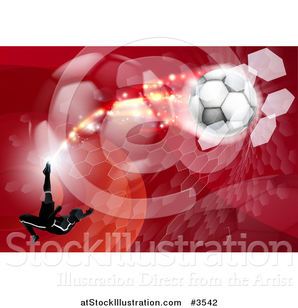 Vector Illustration of a Silhouetted Athlete Kicking a Soccer Ball over Red Waves Balls and Hexagons