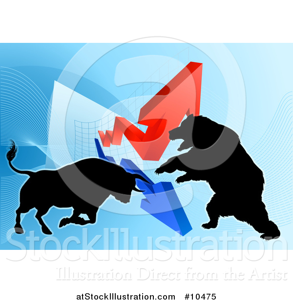 Vector Illustration of a Silhouetted Bear Vs Bull Stock Market Design with Arrows over a Graph