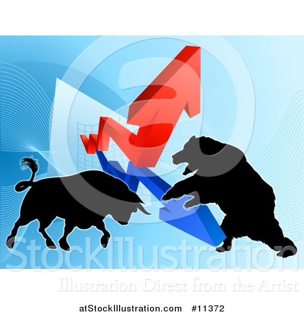 Vector Illustration of a Silhouetted Bear Vs Bull Stock Market Design with Arrows over a Graph