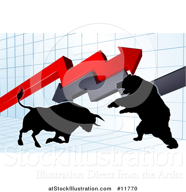 Vector Illustration of a Silhouetted Bear Vs Bull Stock Market Design with Arrows over a Graph