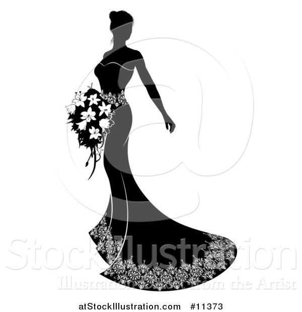 Vector Illustration of a Silhouetted Black and White Bride Holding a Bouquet