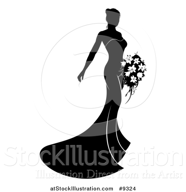 Vector Illustration of a Silhouetted Black and White Bride in Her Dress, Holding a Bouquet