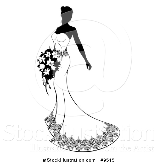 Vector Illustration of a Silhouetted Black and White Bride in Her Dress, Holding a Bouquet