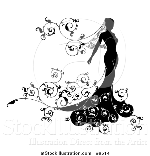 Vector Illustration of a Silhouetted Black and White Bride in Her Dress, with Floral Swirls