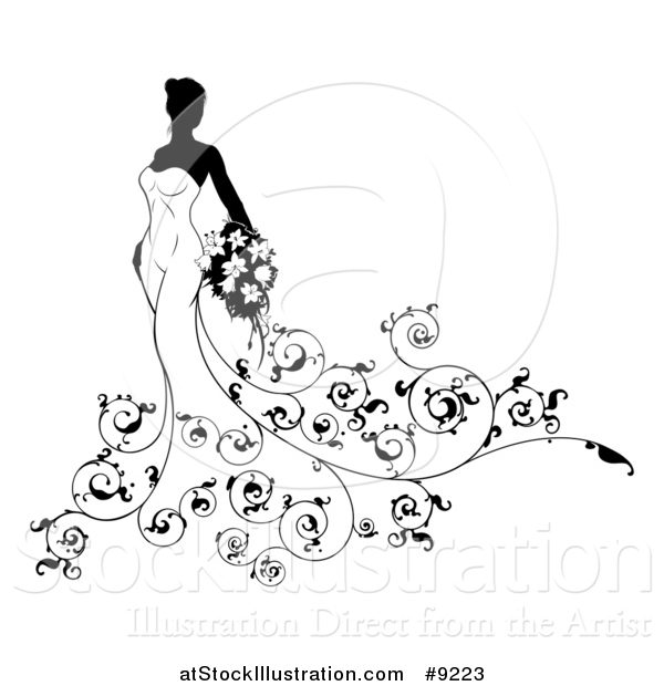 Vector Illustration of a Silhouetted Black and White Bride in Her Dress, with Ornate Floral Vines, Holding Flowers