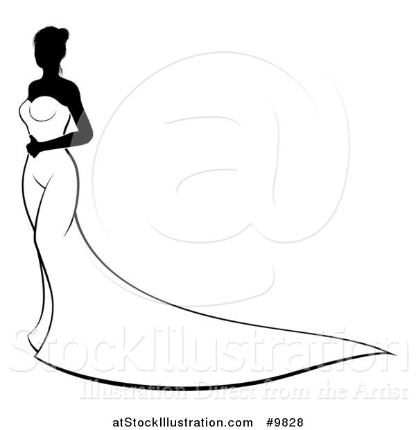 Vector Illustration of a Silhouetted Black and White Bride in Her Gown