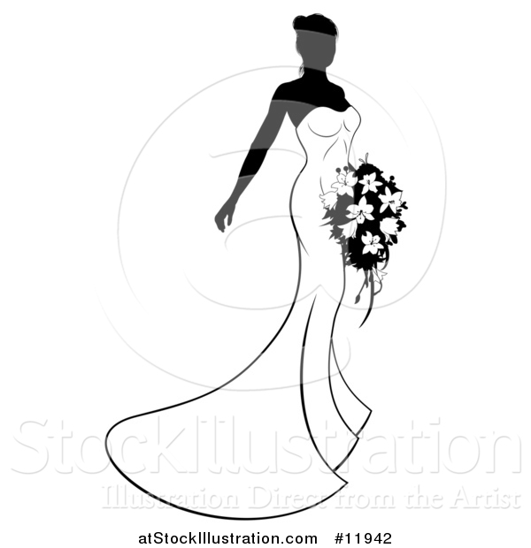 Vector Illustration of a Silhouetted Black and White Bride with Flowers